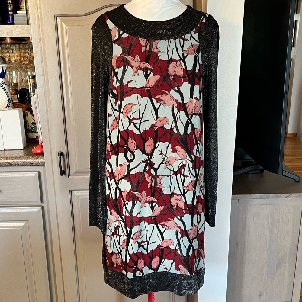 Anna Sui Metallic Black and Burgundy, Light Blue, and Pink Print Shift Dress